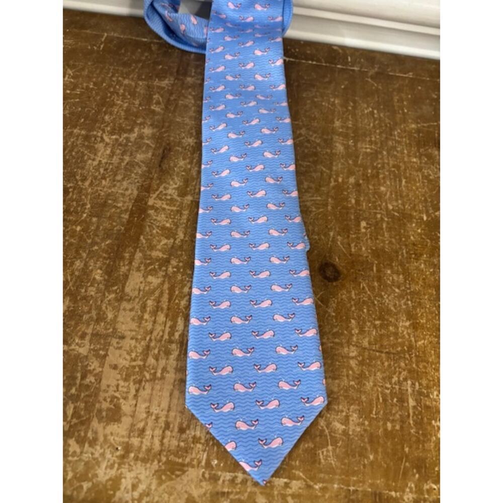 100% Silk Tie Whale Logo Nautical Preppy Light Blue and Pink Coastal